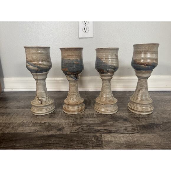 Studio Art Pottery Large Wine Goblet/Chalice 9 3/4” Set of 4 Handmade Glasses - Picture 15 of 16